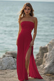 Black Strapless Pleated Chiffon Long Formal Dress with Slit