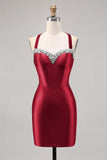 Sparkly Dark Green Corset Tight Satin Short Homecoming Dress with Beading
