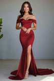 Off the Shoulder Dusty Sage Mermaid Long Prom Dress with Slit