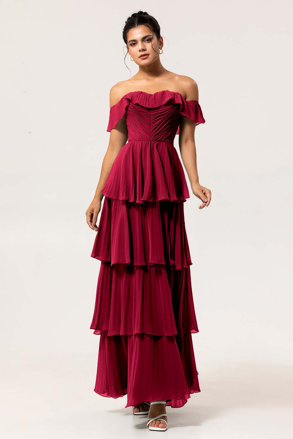 Eucalyptus Off The Shoulder Pleated Long Tiered Bridesmaid Dress