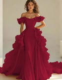 Yellow Satin Long Off the Shoulder Prom Dress with Ruffles