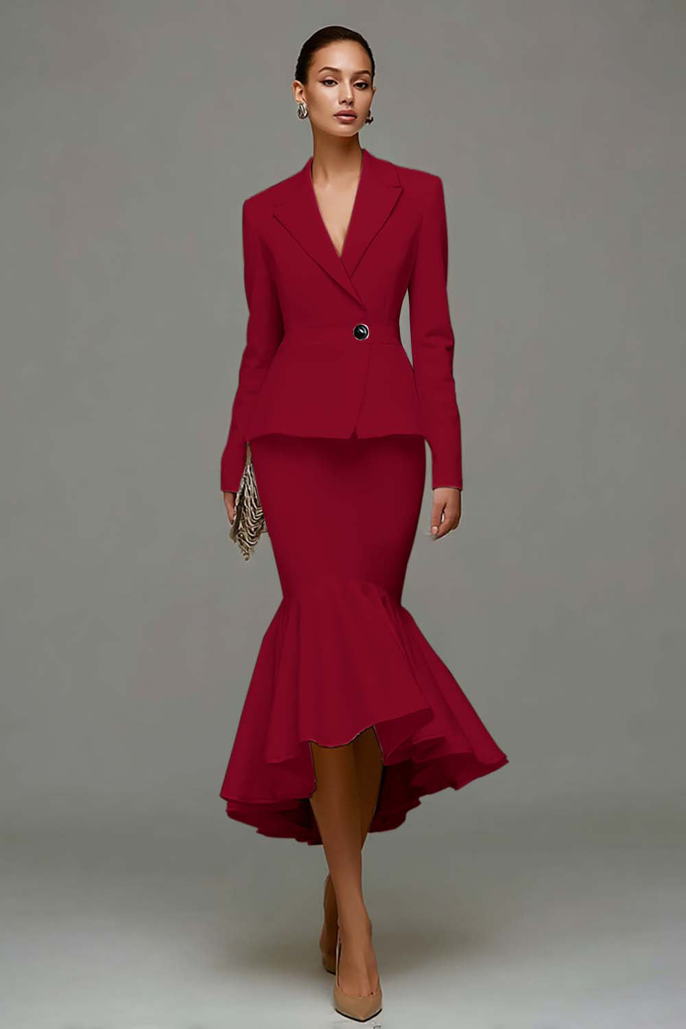 Ivory Satin Notched Lapel 2 Piece Midi Business Suits with Ruffles