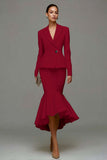 Ivory Satin Notched Lapel 2 Piece Midi Business Suits with Ruffles