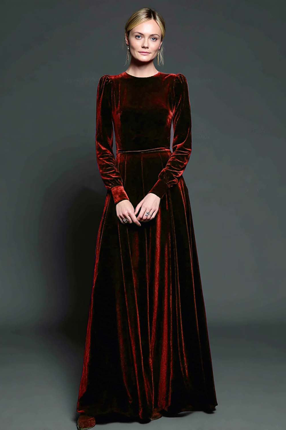 Simple Dark Purple Velvet A Line Long Holiday Party Dress with Sleeves