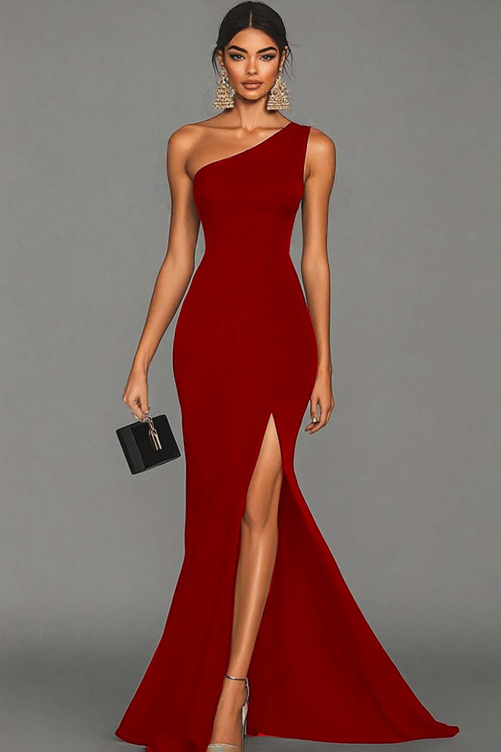 Black Mermaid One Shoulder Long Satin Formal Dress with Slit
