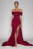 Satin Champagne Sheath Off the Shoulder Long Prom Dress with Slit
