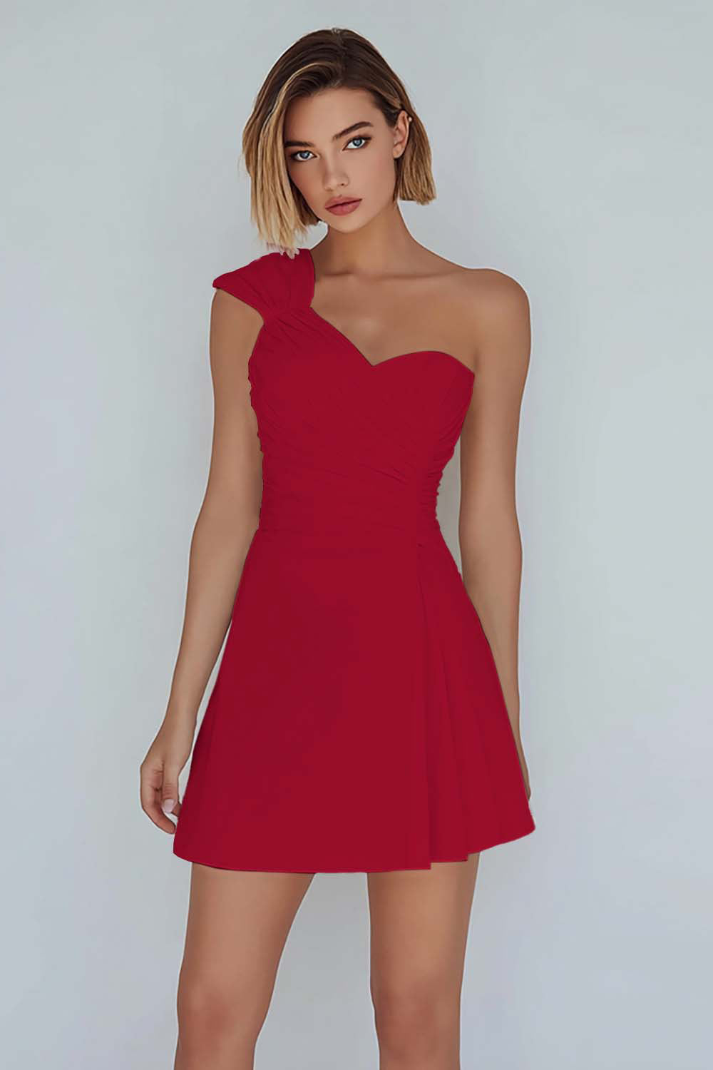 Ivory One Shoulder Satin Ruched Short A-Line Graduation Dress