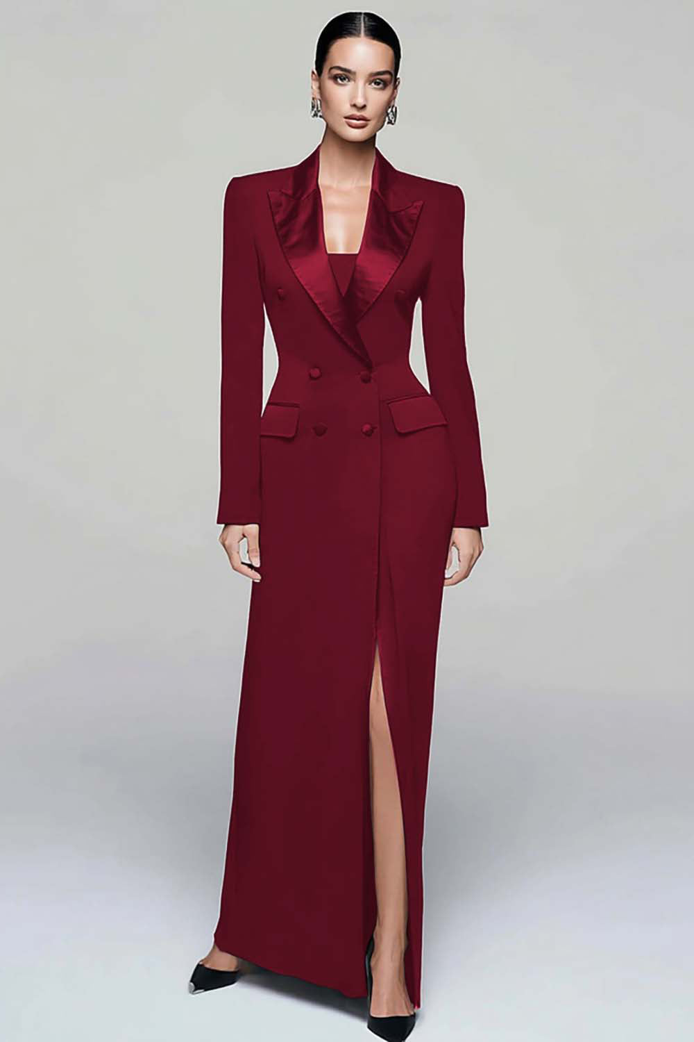 Zapaka Women Black Blazer Dress with Slit Peak Lapel Double Breasted Business Outfit, Burgundy / M Zapaka Women Black Blazer Dress with Slit Peak Lapel Double Breasted Business Outfit, Burgundy / M