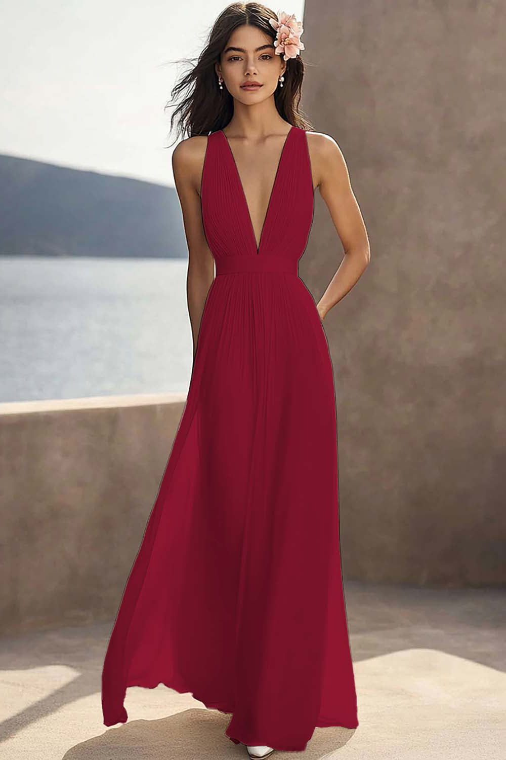 Chiffon Ivory Ruched Deep V-Neck Beach Maxi Engagement Dress