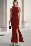Black Satin Sheath Long Formal Dress with Slit