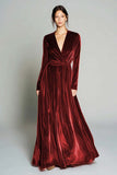 Brown Velvet Long Sleeves Holiday Party Dress A Line Pleated V-Neck Formal Dress