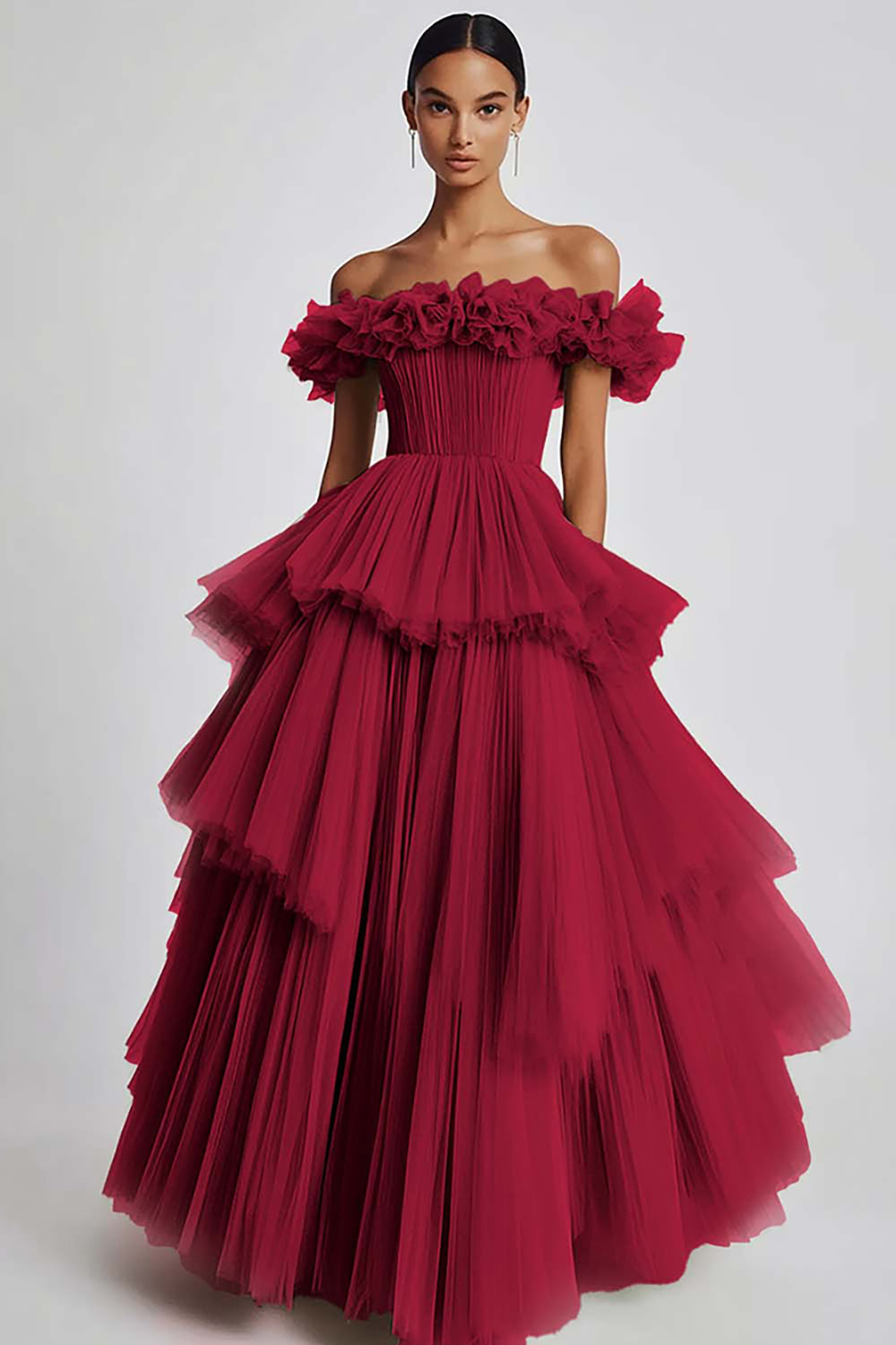 Dusty Sage Tulle Off the Shoulder Long Formal Dress with Ruffles