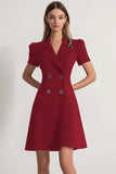 Navy A Line Notched Lapel Double Breasted Short Work Blazer Dress with Sleeves