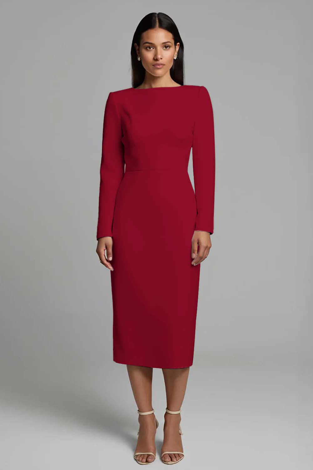 Simple Ivory Pencil Midi Work Dress Long Sleeves Bodycon Bateau Neck Business Dress