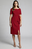 Champagne Bodycon Ruffled Midi Satin Work Dress with Short Sleeves