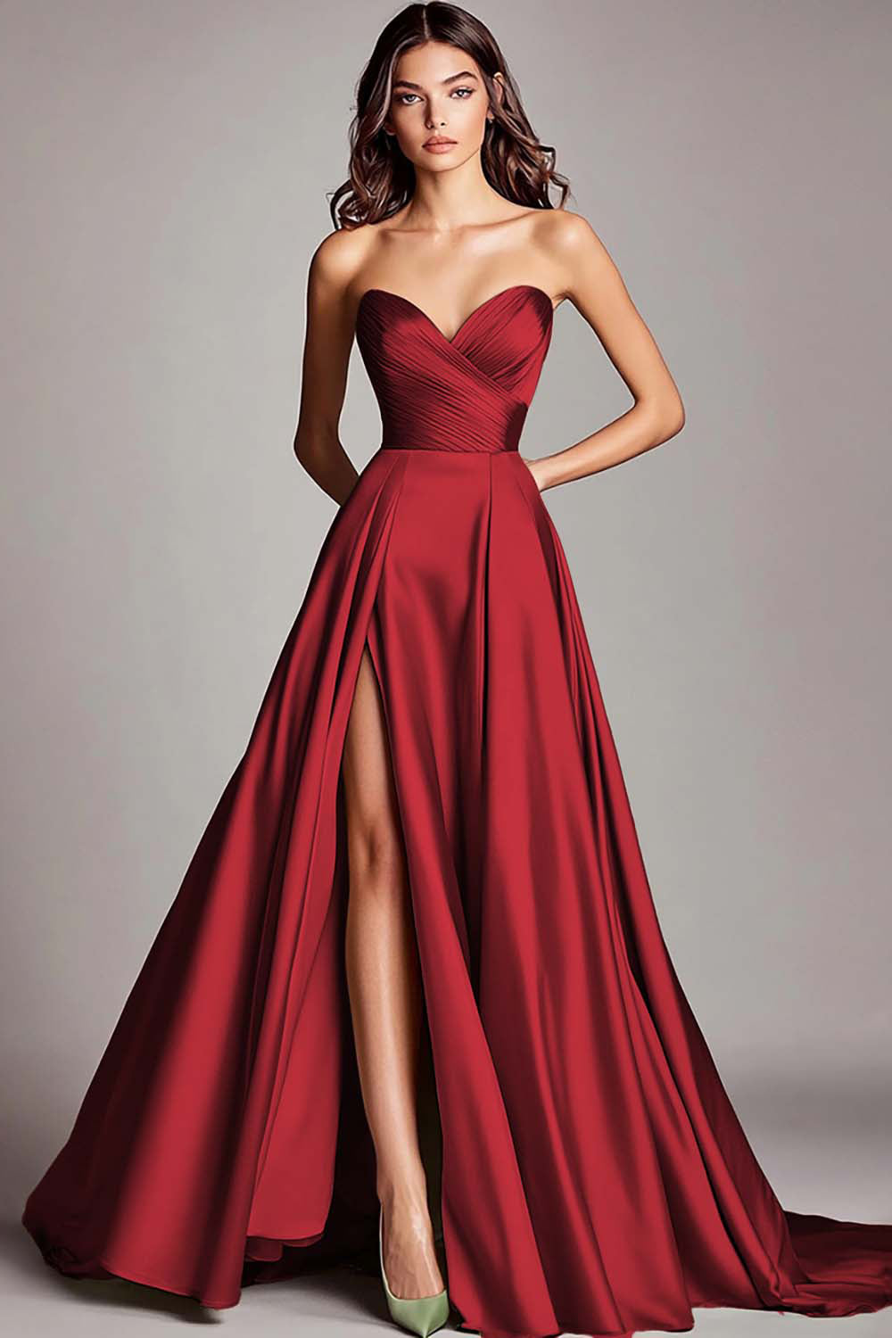 Dusty Blue Satin A Line Strapless Ruched Long Prom Dress with Slit