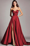 Dusty Blue Satin A Line Strapless Ruched Long Prom Dress with Slit
