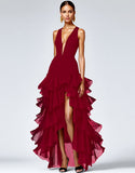 Royal Blue A Line Sleeveless V-Neck Tiered Long Formal Dress with Slit