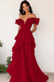 Lilac Chiffon A Line Long Off the Shoulder Prom Dress with Ruffles
