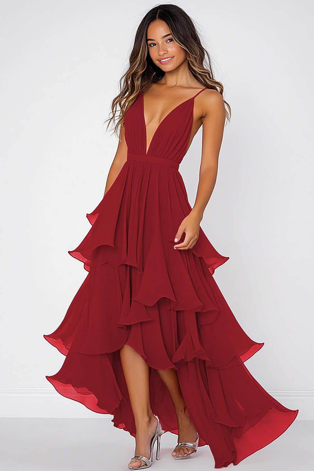 Dusty Sage Deep V-Neck Chiffon Asymmetrical Formal Dress