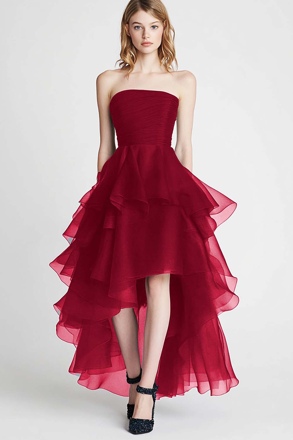 Navy Tulle Tiered Strapless A Line High-Low Formal Dress