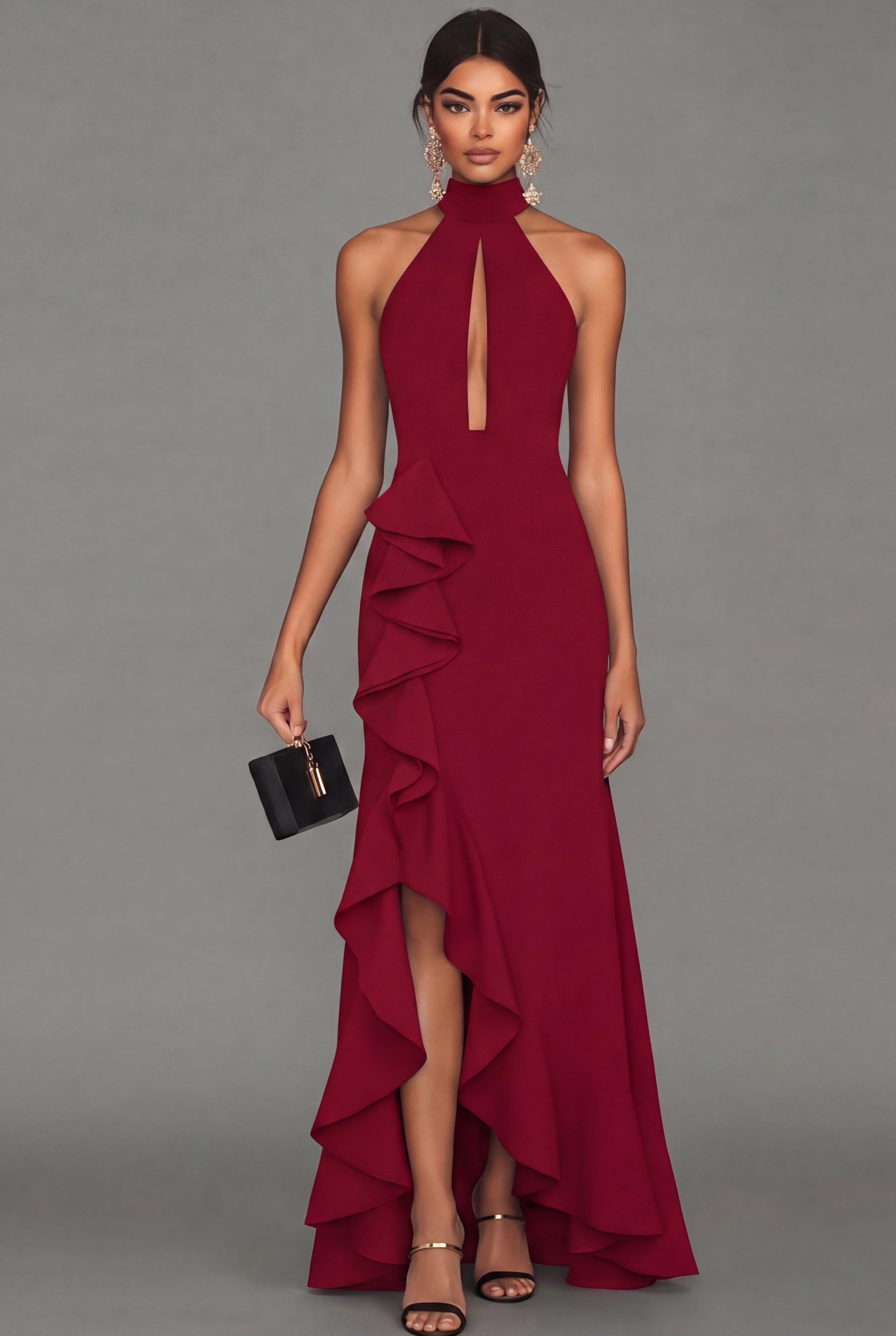 Long Black High Neck Formal Dress with Ruffles