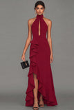Long Black High Neck Formal Dress with Ruffles