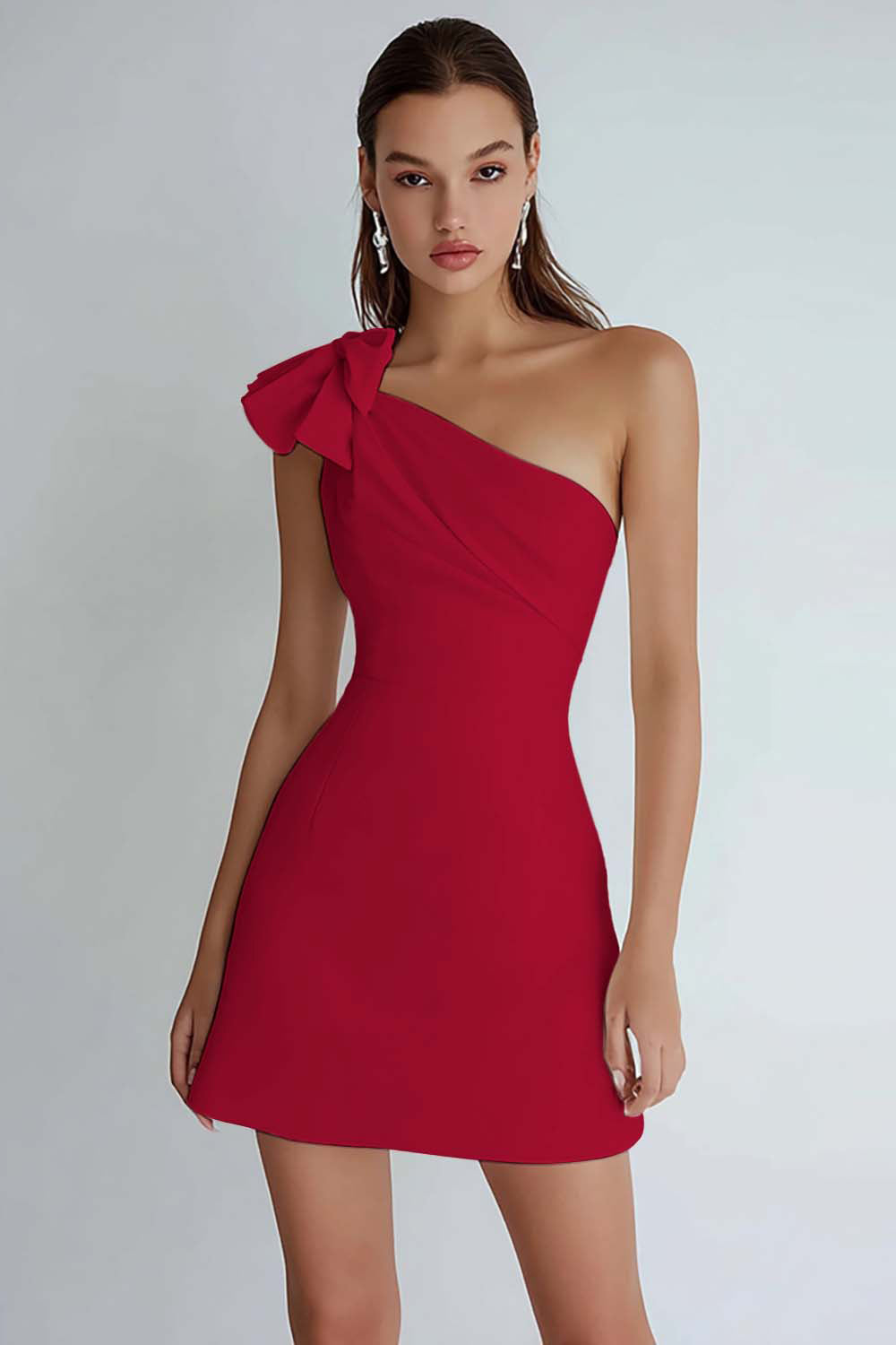 Ivory Satin One Shoulder Short A Line Graduation Dress with Bow