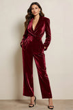 Green Velvet Prom Jumpsuit with Pockets Long Sleeves Peak Lapel Party Jumpsuits with Sash
