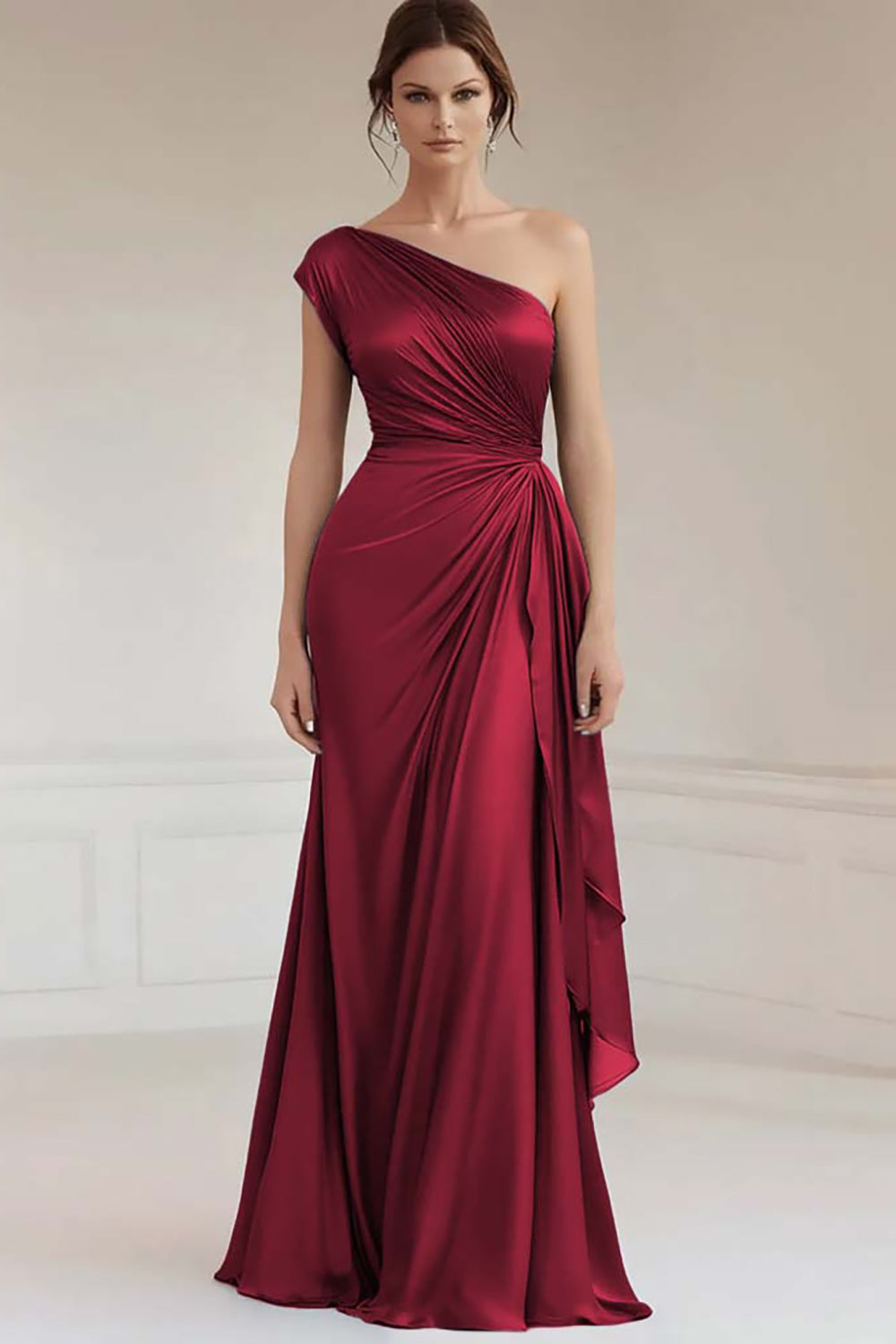 Grey Blue One Shoulder Sheath Long Ruched Formal Dress