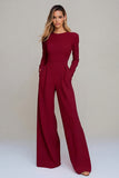 Black Round Neck Satin Long Sleeves Formal Jumpsuits