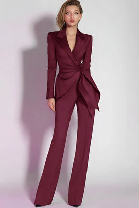 Dark Purple Notched Lapel Ruched Fitted Prom Jumpsuits