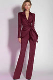Dark Purple 2 Piece Notched Lapel Ruched Fitted Prom Suits