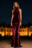 Purple Mermaid Halter Neck Long Velvet Holiday Party Dress
