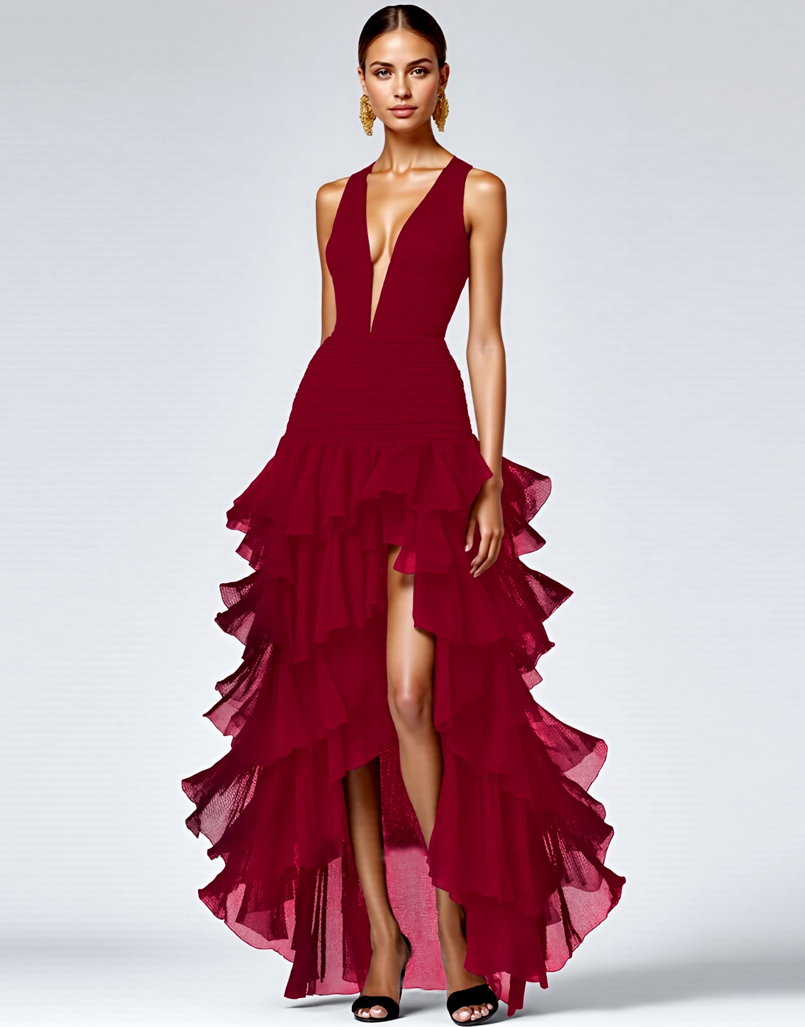 Black Deep V-Neck Tiered Long A Line Formal Dress with Slit