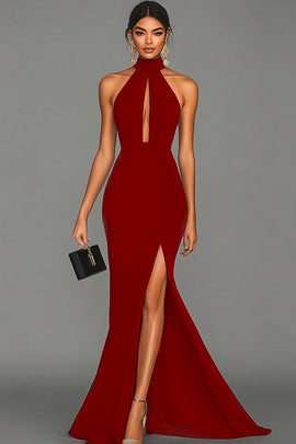 Zapaka Dark Red Mermaid Maxi Halter Top Formal Wedding Guest Dress Keyhole Satin Gala Dress