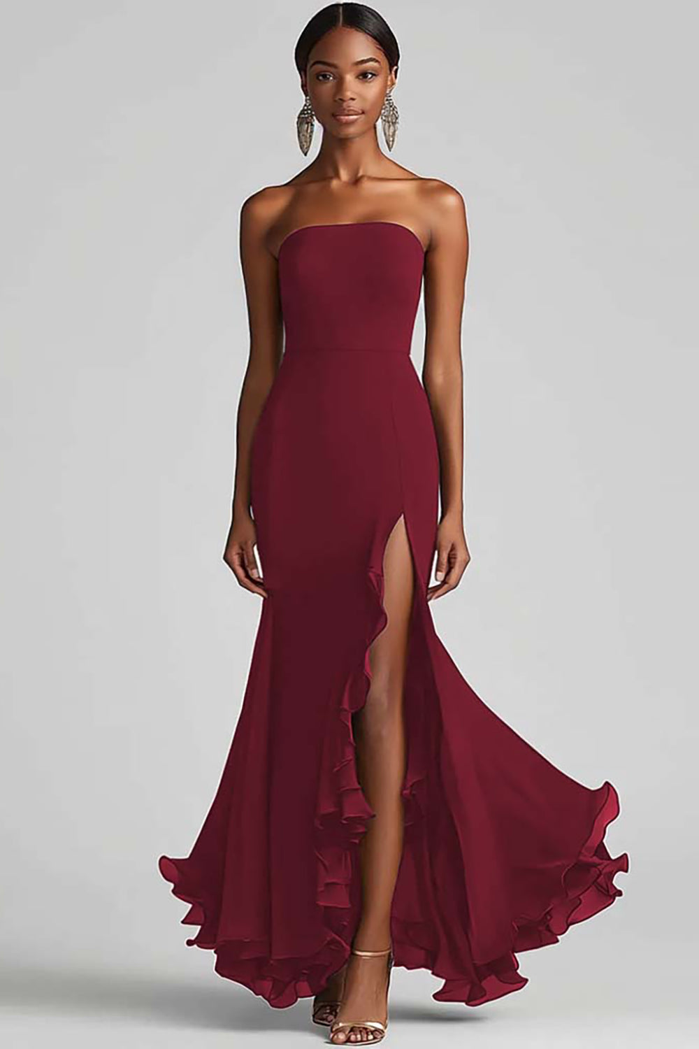 Strapless Chiffon Long Sheath Black Tie Dress with Slit