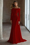 Ivory Satin Off The Shoulder Sweep Train Wedding Dress with Sleeves