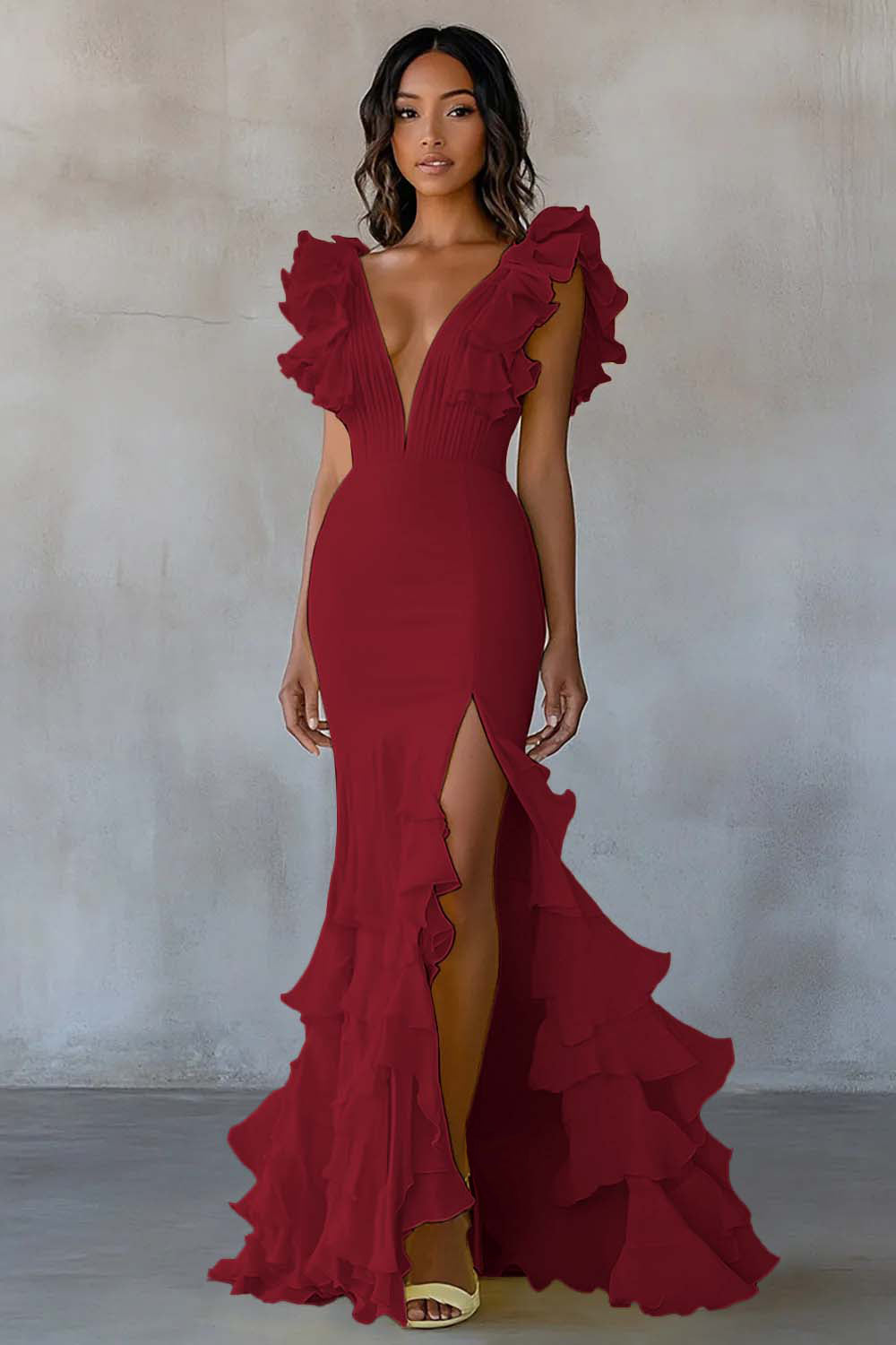 Yellow Chiffon Mermaid Long Formal Dress with Ruffles