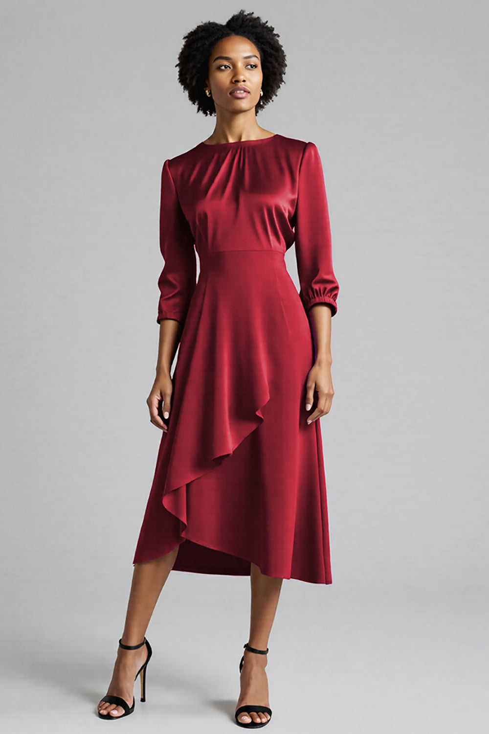 Royal Blue Satin Midi A Line Work Dress with Sleeves