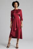 Royal Blue Satin Midi A Line Work Dress with Sleeves