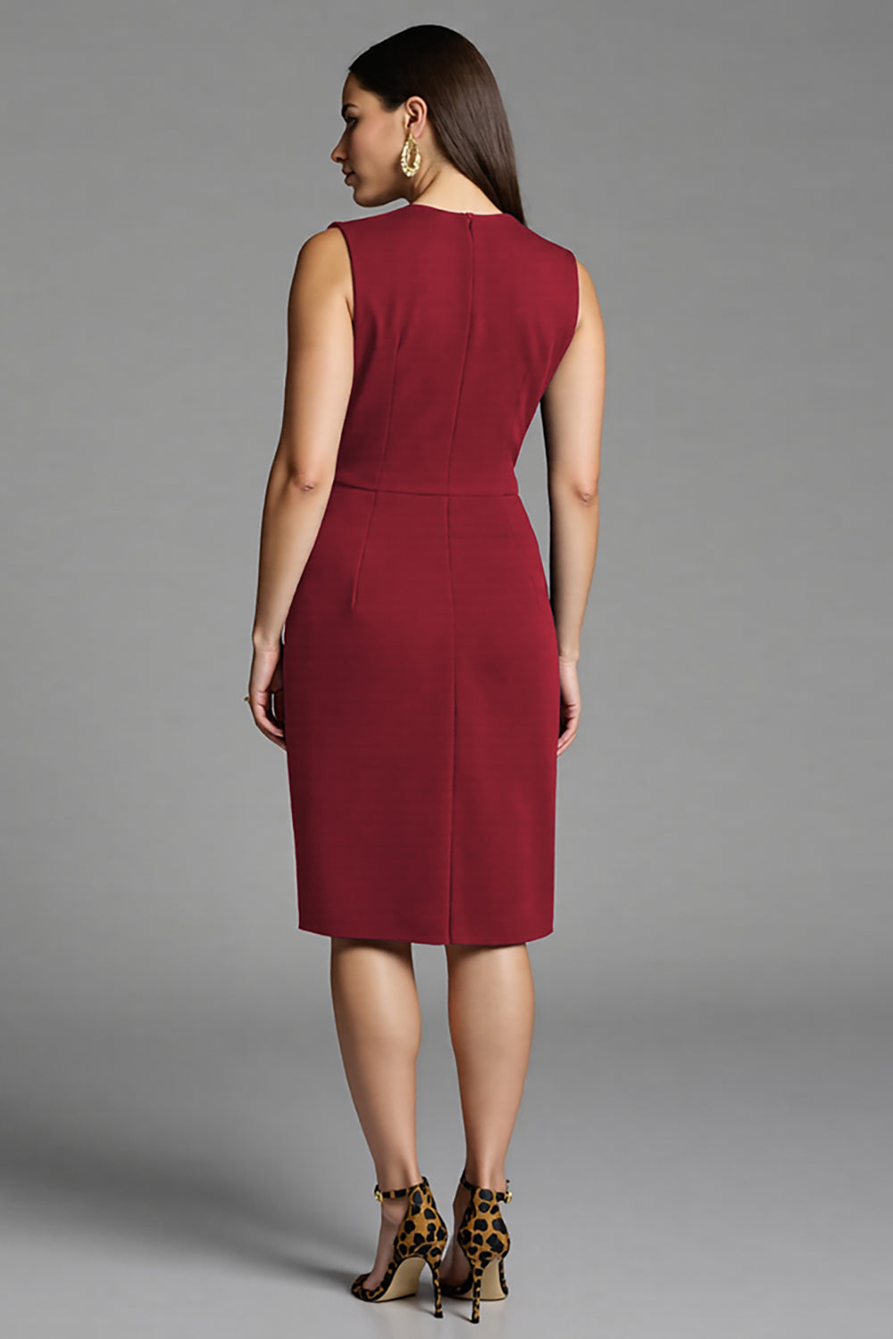 Navy Bodycon Satin V-Neck Ruched Midi Work Dress with Ruffles