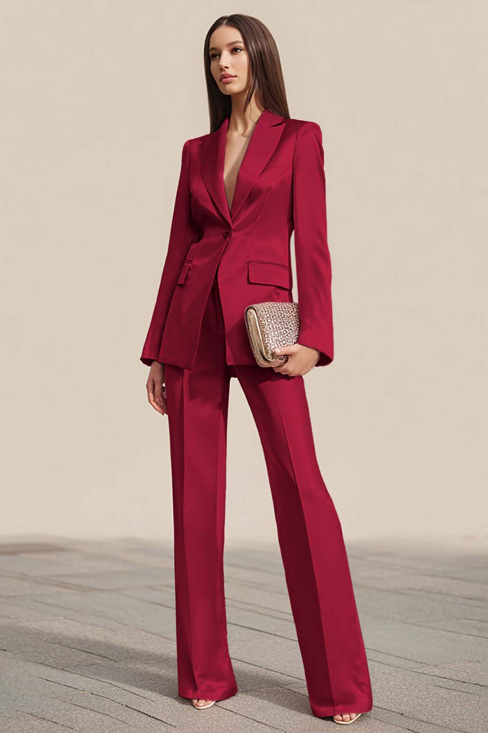 Dusty Rose 2 Piece Satin One Button Business Suits with Sleeves