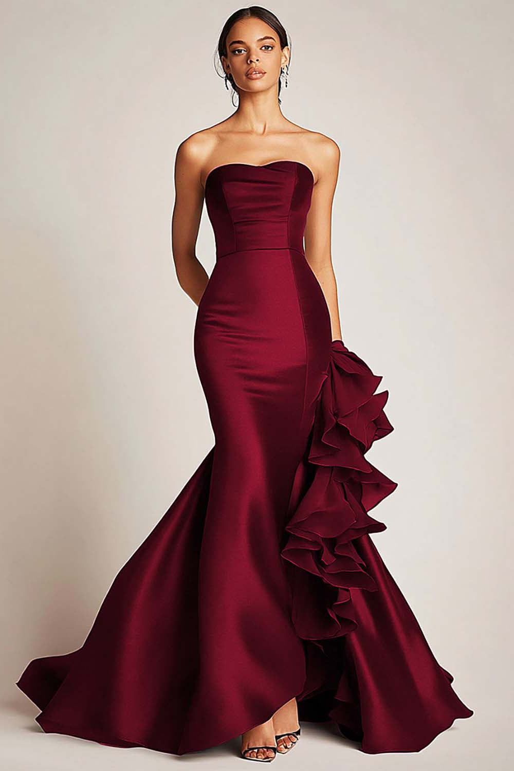 Satin Mermaid Long Strapless Formal Dress with Ruffles