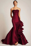 Satin Mermaid Long Strapless Formal Dress with Ruffles