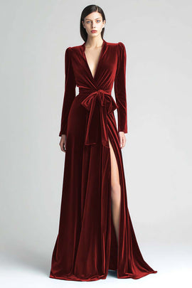 Burgundy Velvet A Line Pleated Long Sleeves Formal Dress with Sash
