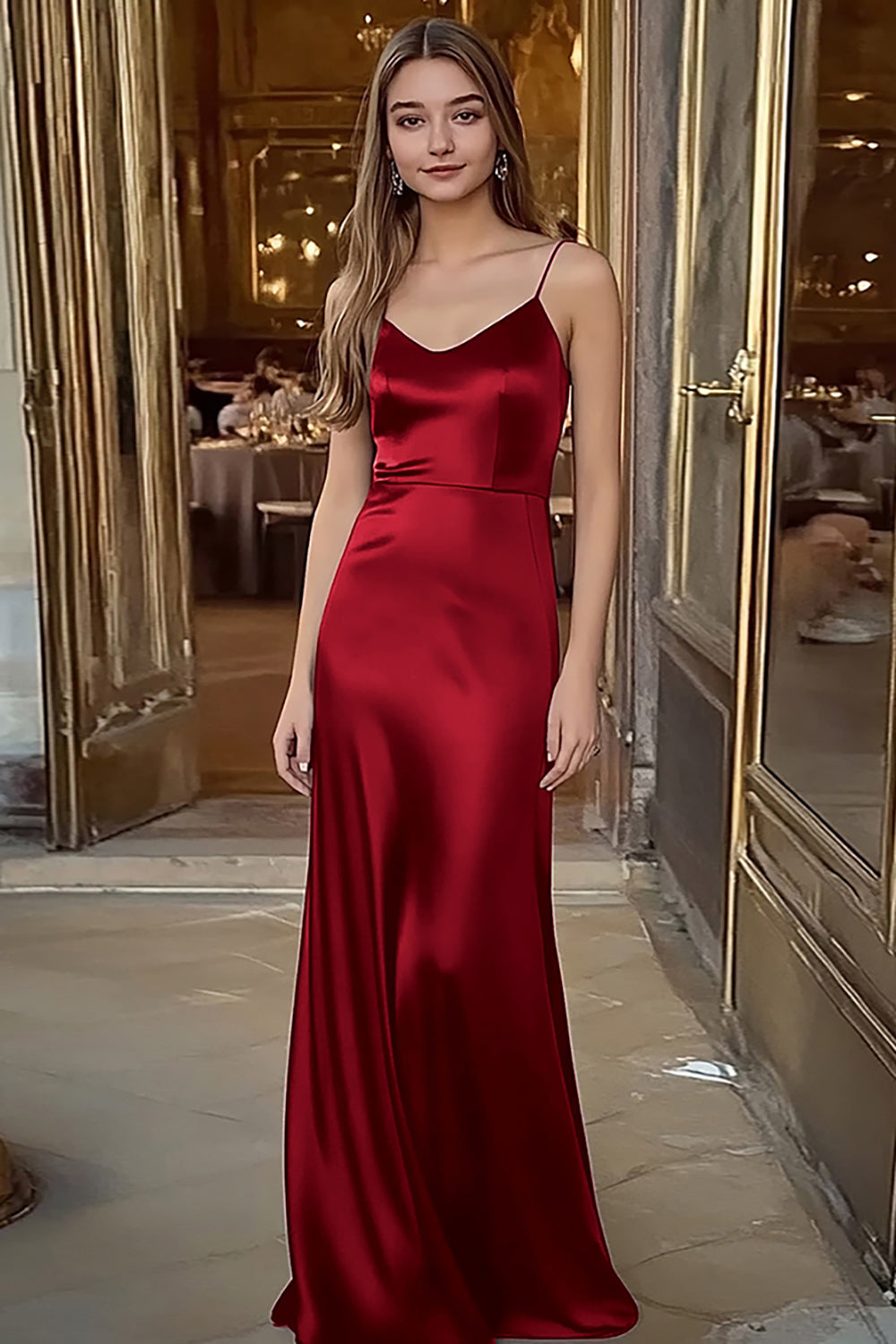 Coffee Sheath Satin Spaghetti Straps Long Formal Dress