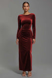 Navy Velvet Boat Neck Sheath Long Holiday Party Dress with Sleeves