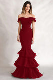 Black Mermaid Off the Shoulder Long Tiered Formal Dress