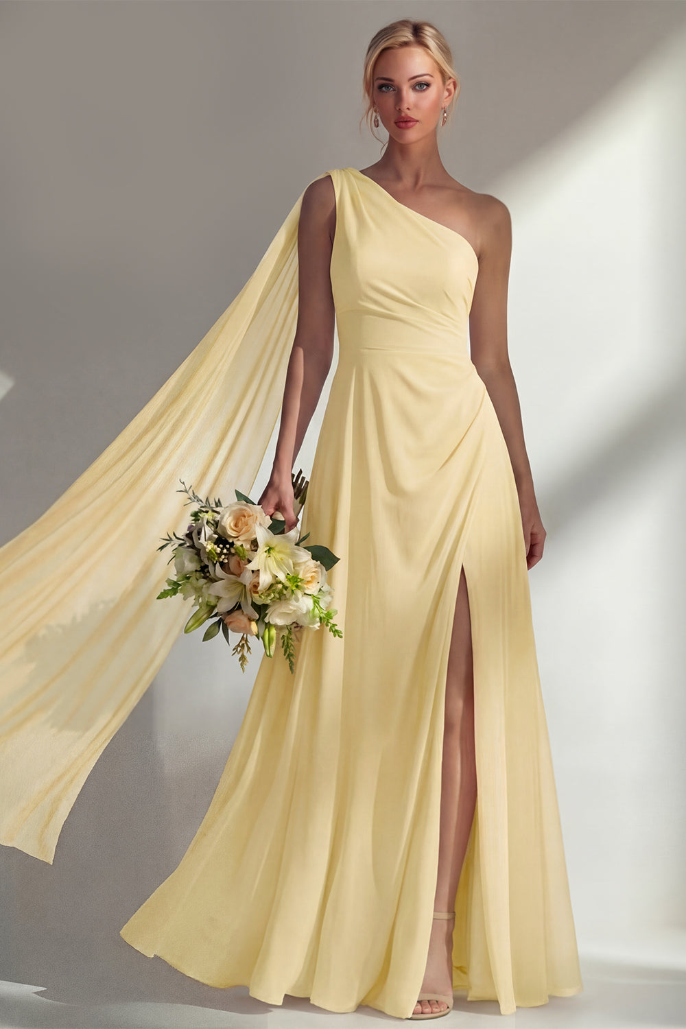 One Shoulder Ruched Burgundy A Line Long Beach Bridesmaid Dress with Side Cape